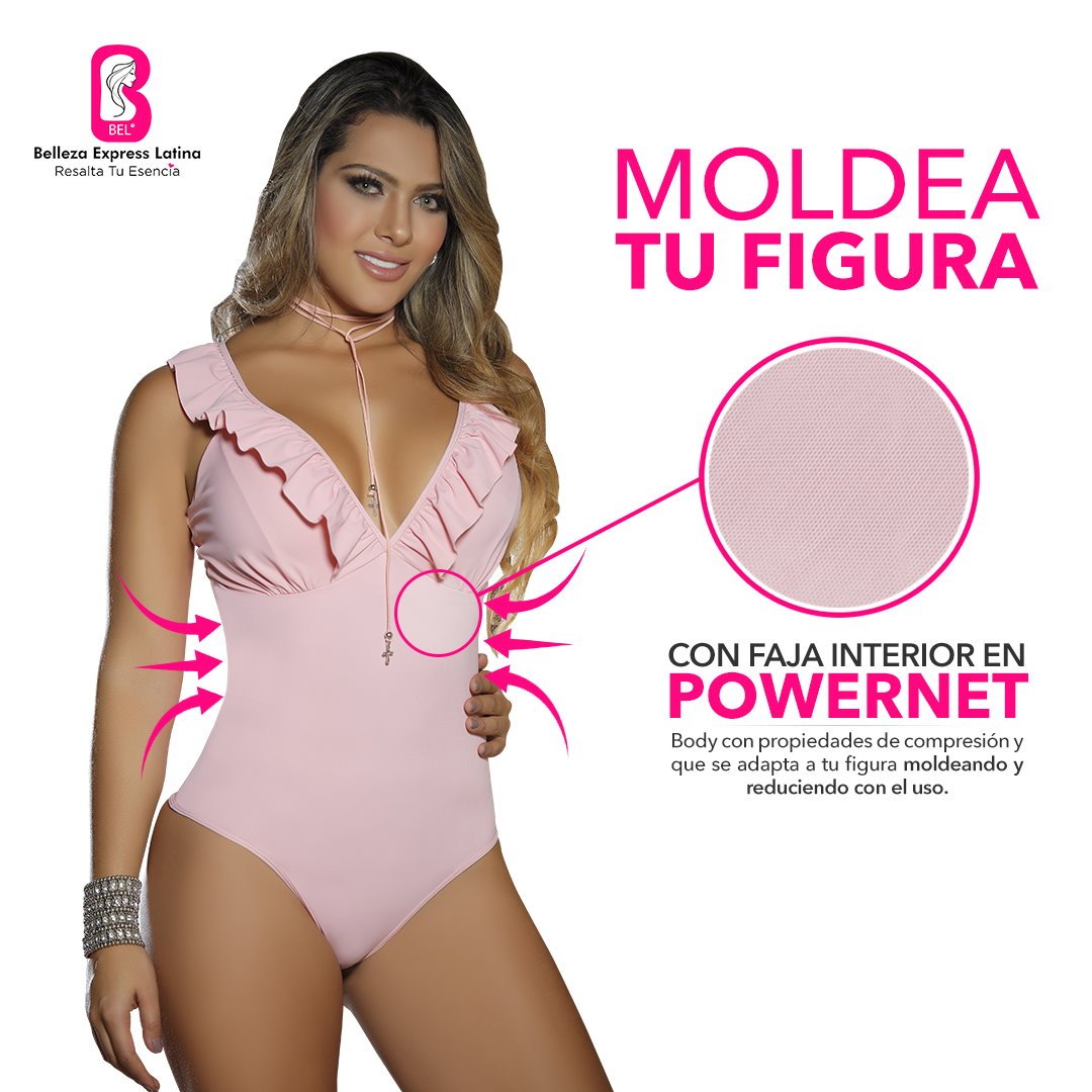 Body con faja interna en Powernet, diseño cuello V y boleros 7705-R3 - bellezaexpresslatina