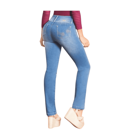 Jean Colombiano Push Up - Azul Claro 3 Botones y Bota Recta. - bellezaexpresslatina