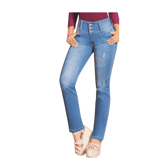Jean Colombiano Push Up - Azul Claro 3 Botones y Bota Recta. - bellezaexpresslatina