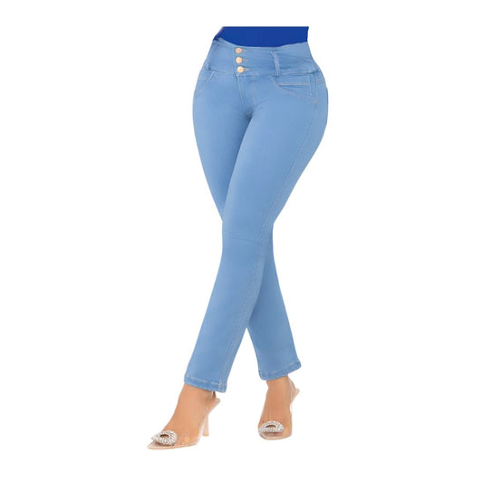 Jean Colombiano Push Up - Azul Claro, 3 Botones y Bota Recta. - bellezaexpresslatina