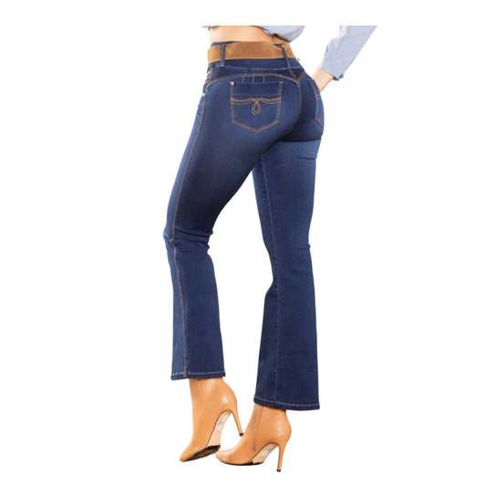 Jean Colombiano Push Up – Azul Oscuro 3 Botones y Bota Campana - bellezaexpresslatina