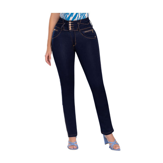 Jean Colombiano Push Up. Azul Oscuro, 4 Botones y Bota Recta. - bellezaexpresslatina