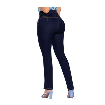 Jean Colombiano Push Up. Azul Oscuro, 4 Botones y Bota Recta. - bellezaexpresslatina