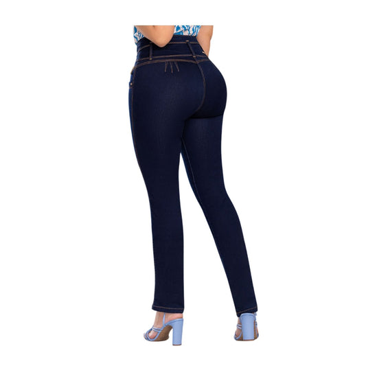 Jean Colombiano Push Up. Azul Oscuro, 4 Botones y Bota Recta. - bellezaexpresslatina